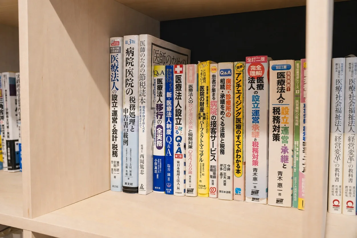 医療法人の設立・運営や税務に関する専門書が並ぶ棚