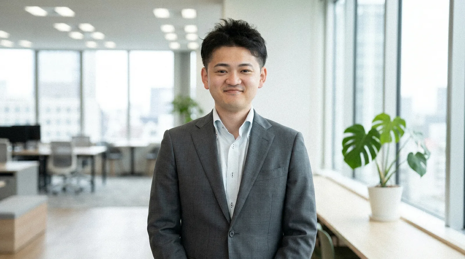 オフィスの窓際に立ち、笑顔でこちらを見る春木さん