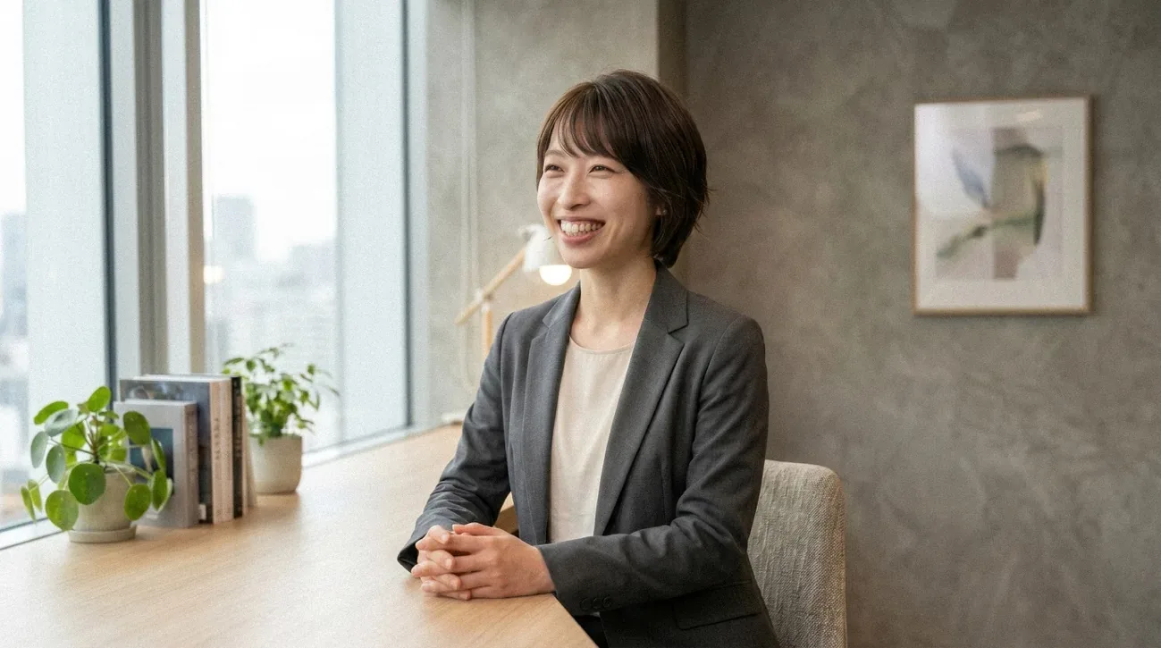 窓際の打ち合わせスペースで、笑顔でインタビューに答える劉さん