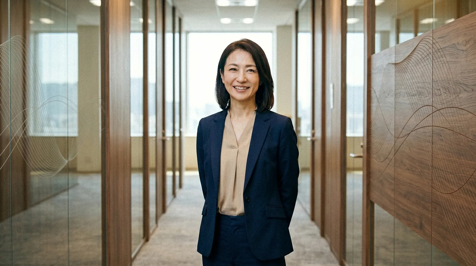 ガラス張りの廊下に立ち、笑顔でこちらを見る宮田さん