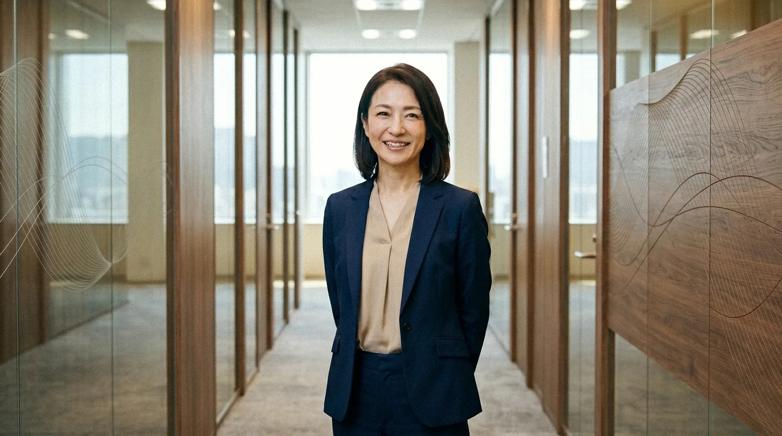 ガラス張りの廊下に立ち、笑顔でこちらを見る宮田さん