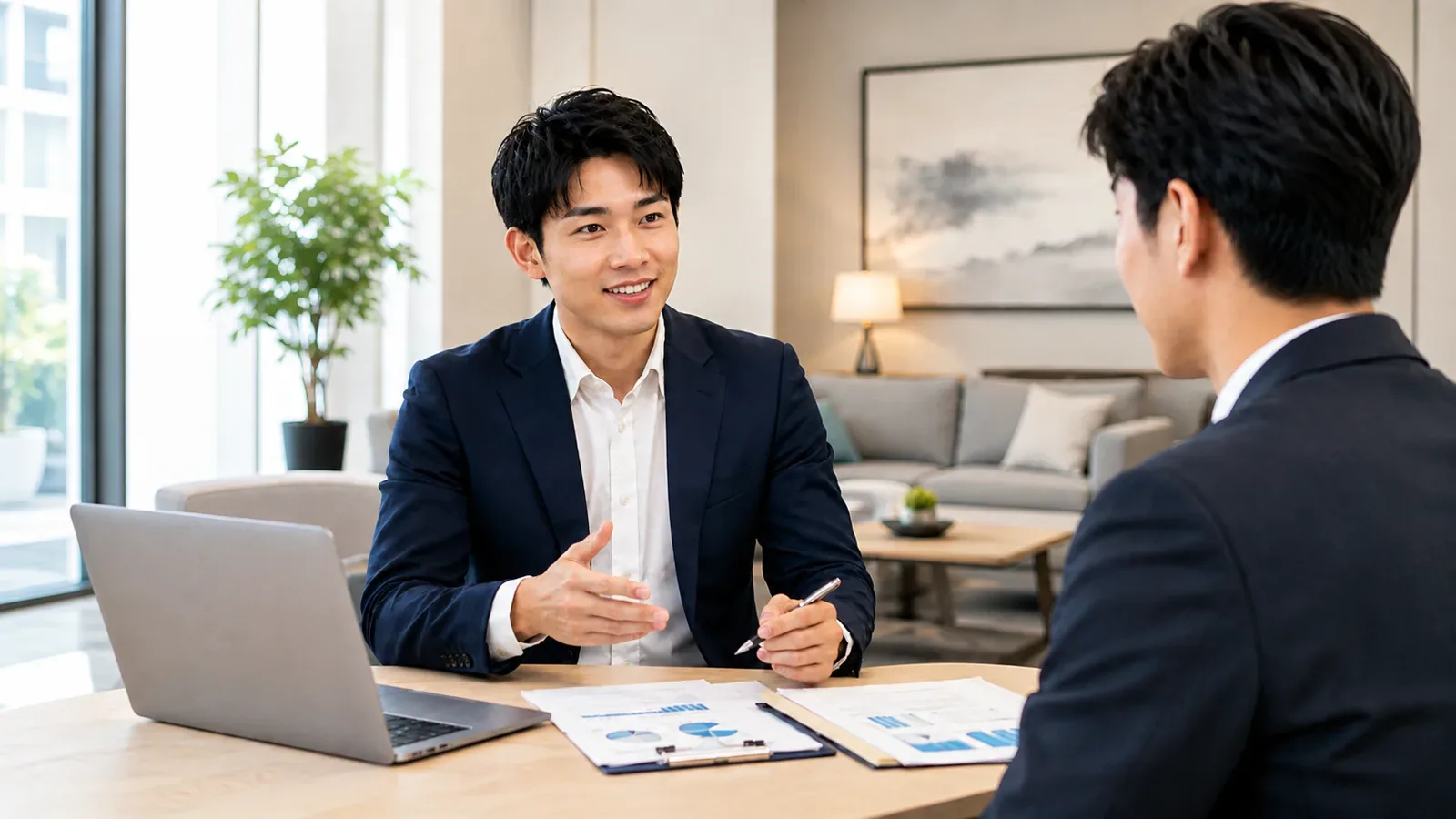 資料を手に、お客様と打ち合わせをする遠山さん