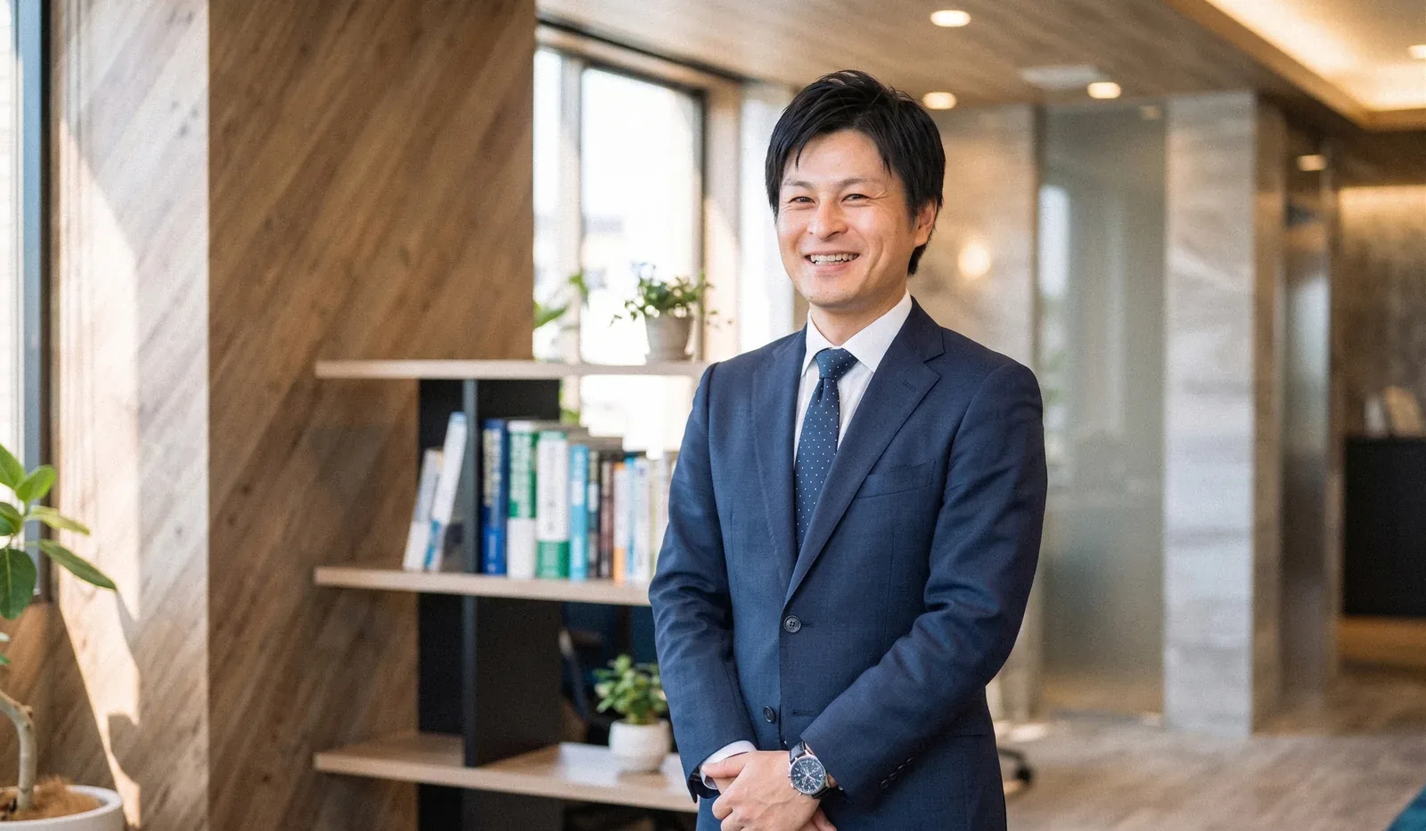 専門書の並ぶ書棚を背に、笑顔で立つ矢部さん