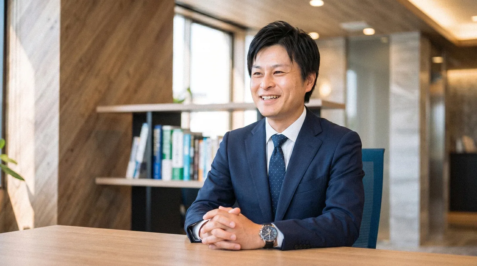 打ち合わせスペースで、笑顔でインタビューに答える矢部さん